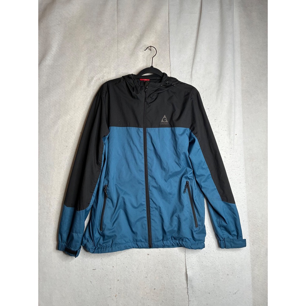 Gerry Mens Hooded Windbreaker Jacket Blue Black Colorblock Ripstop Sz M 1319583